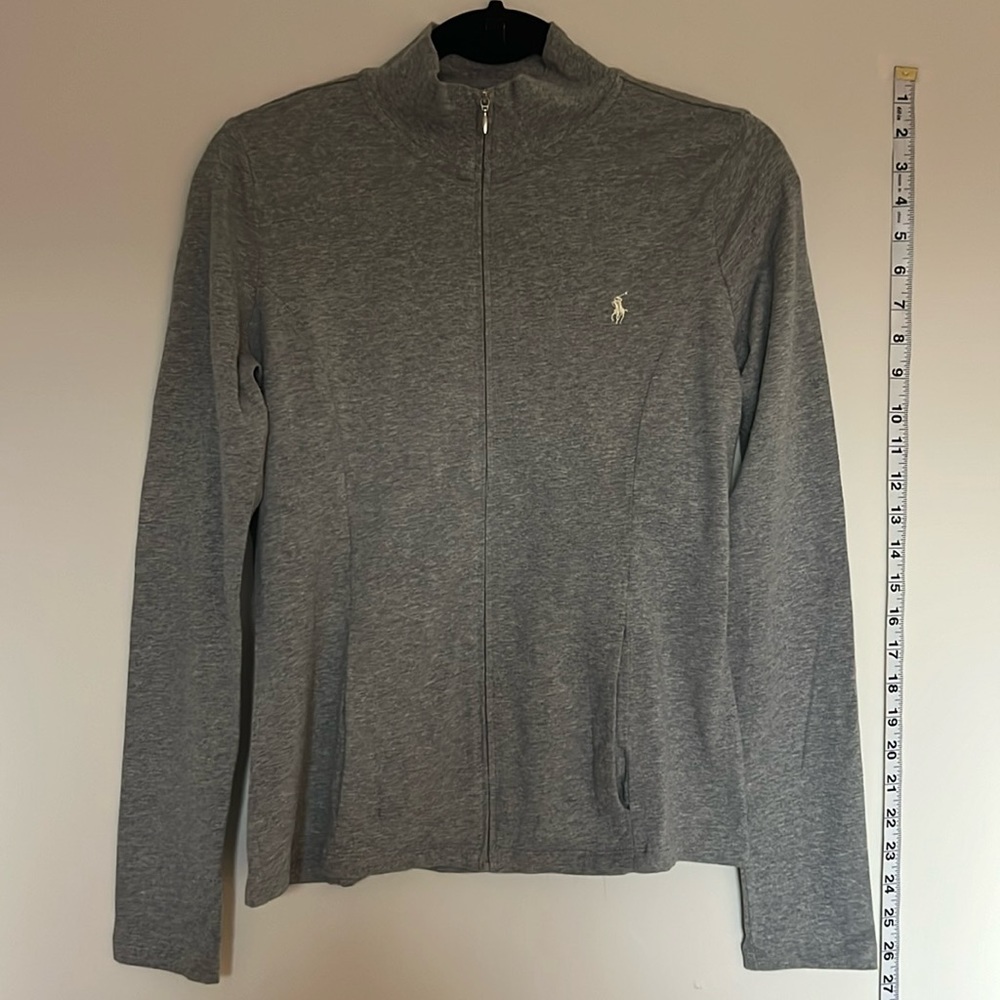 RALPH LAUREN light heather grey athletic full zip jacket white logo w/ pockets